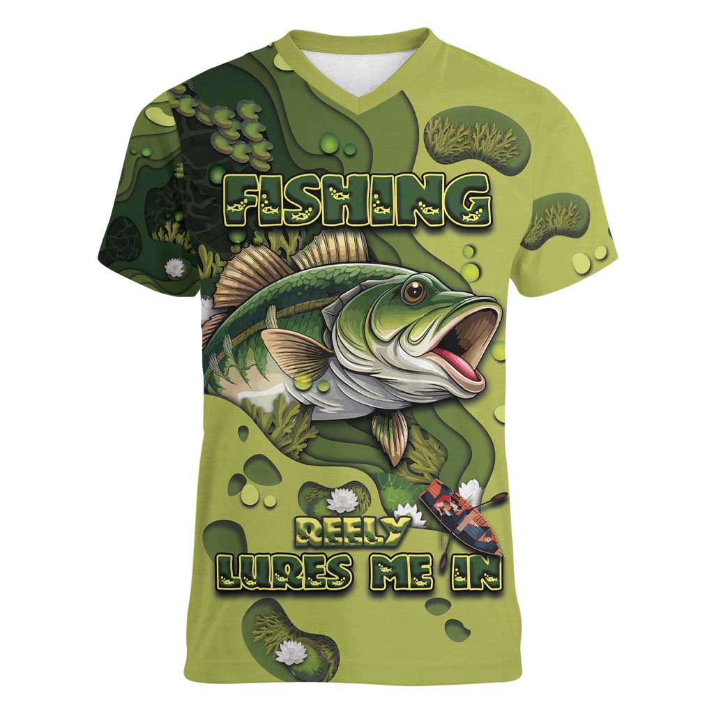 Personalized Fishing Women V-Neck T-Shirt Reely Lures Me In - Wonder Print Shop