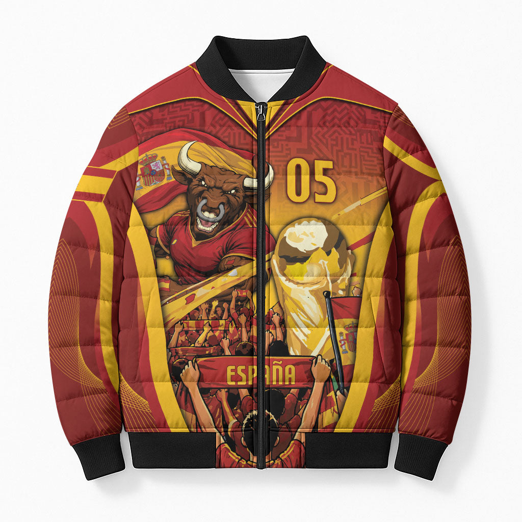 Custom Spain Football Bomber Puffer Jacket Raging Bull Golden Trophy Fans Banner