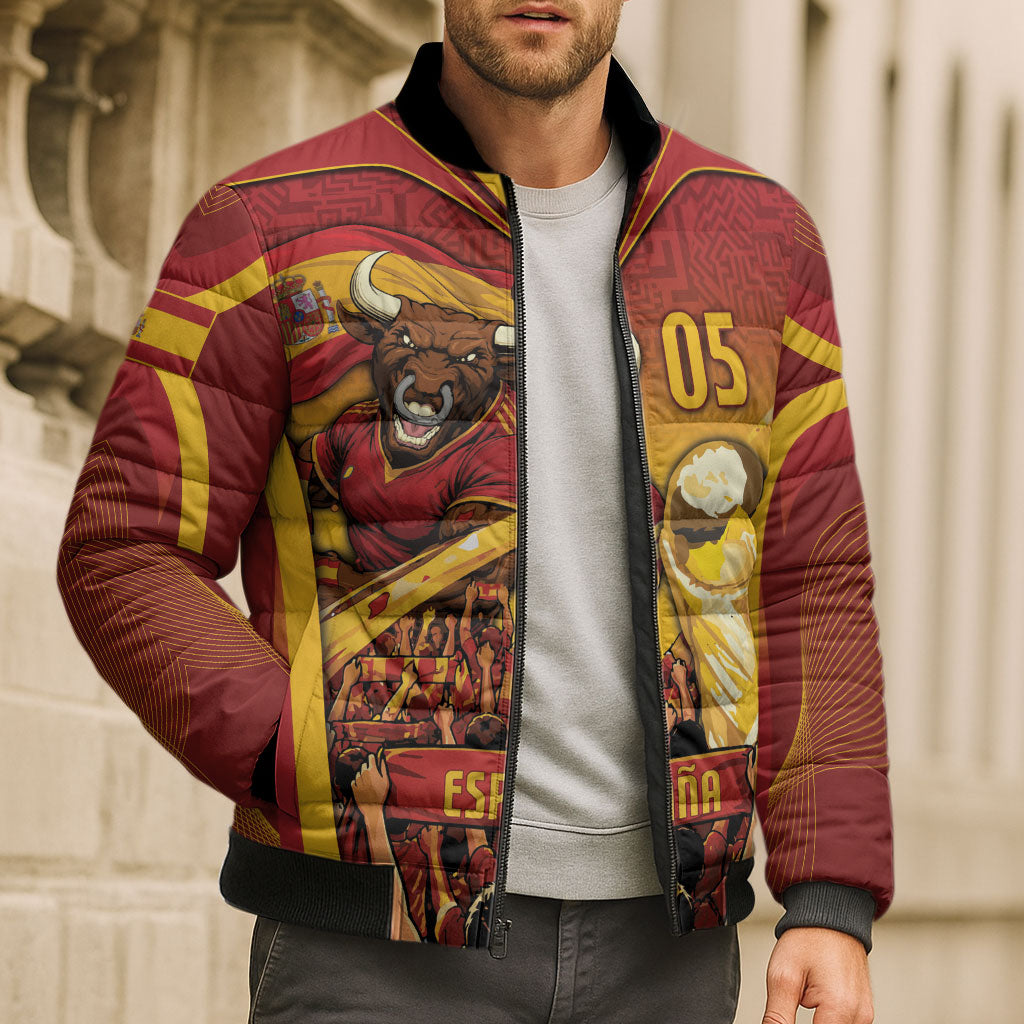 Custom Spain Football Bomber Puffer Jacket Raging Bull Golden Trophy Fans Banner
