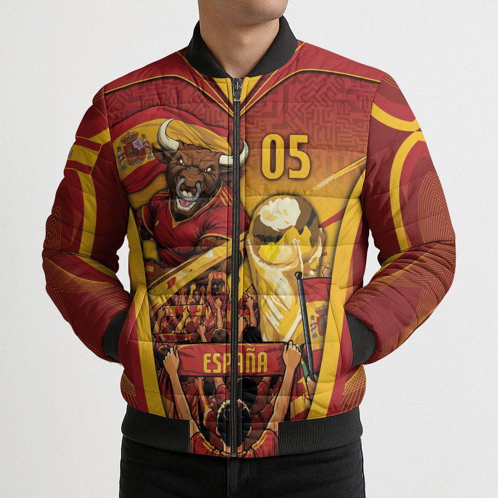 Custom Spain Football Bomber Puffer Jacket Raging Bull Golden Trophy Fans Banner