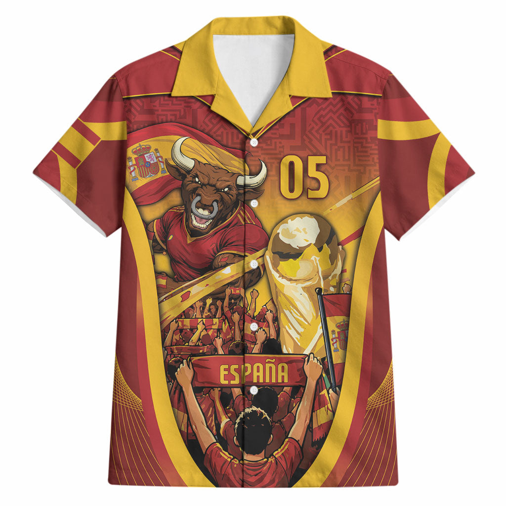 Custom Spain Football Hawaiian Shirt Raging Bull Golden Trophy Fans Banner