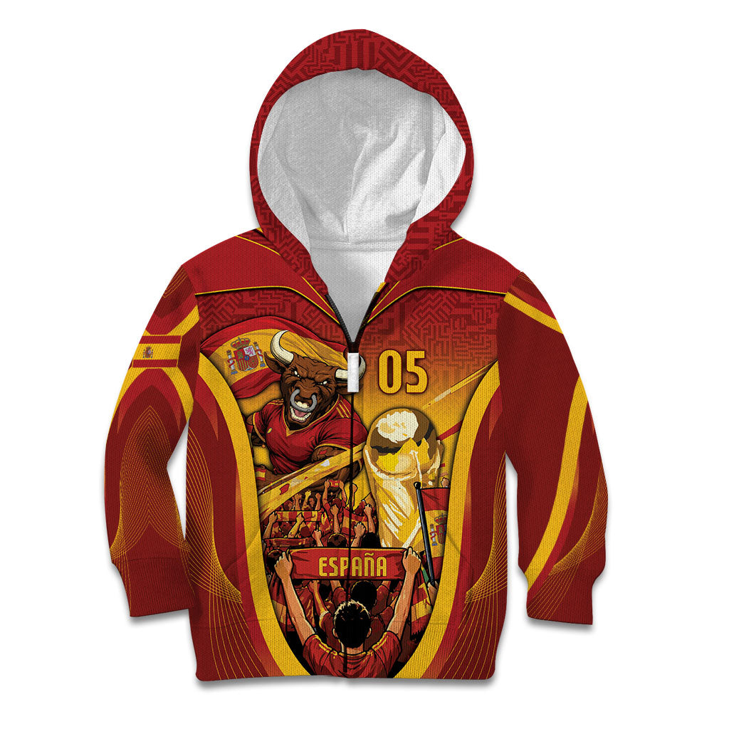 Custom Spain Football Kid Hoodie Raging Bull Golden Trophy Fans Banner