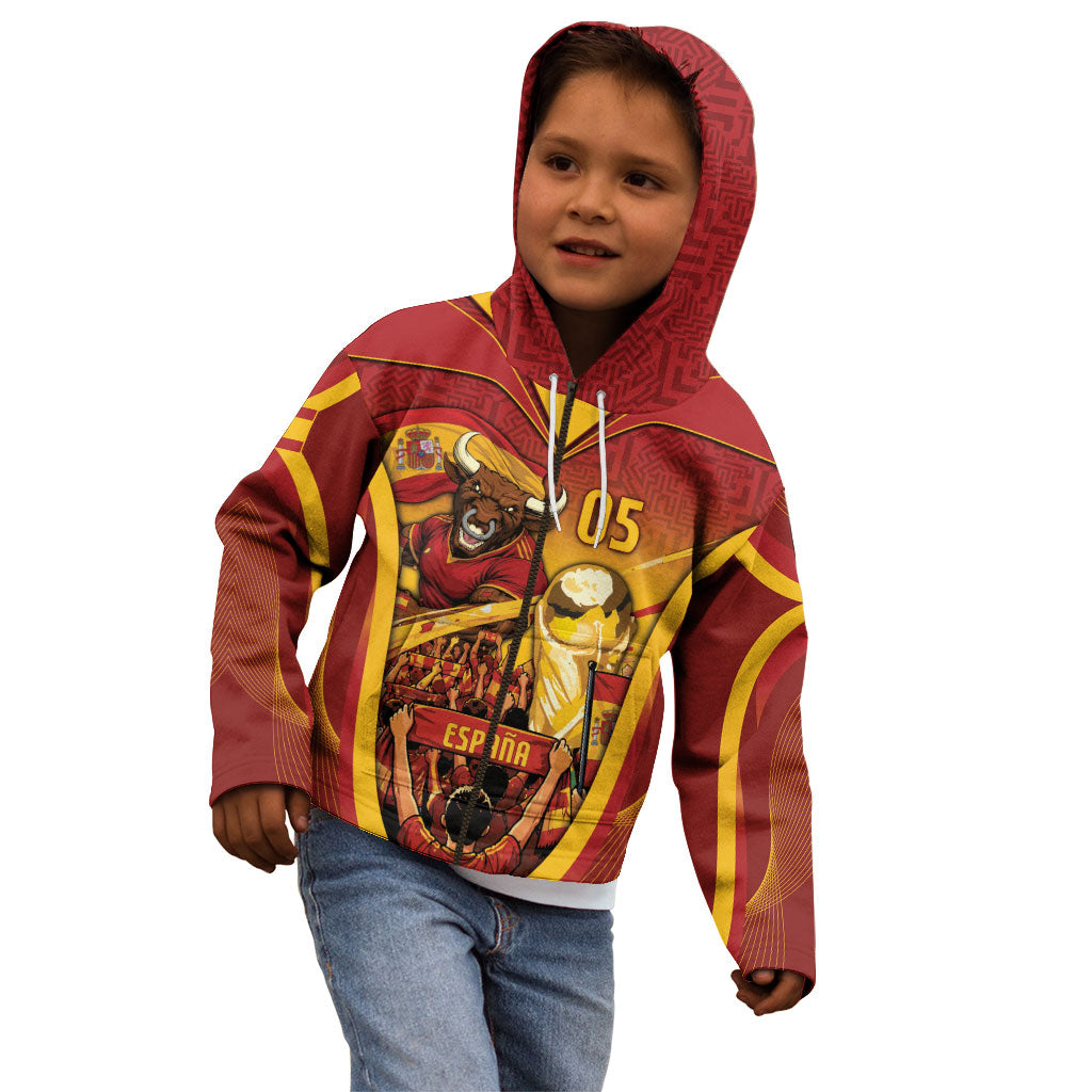 Custom Spain Football Kid Hoodie Raging Bull Golden Trophy Fans Banner