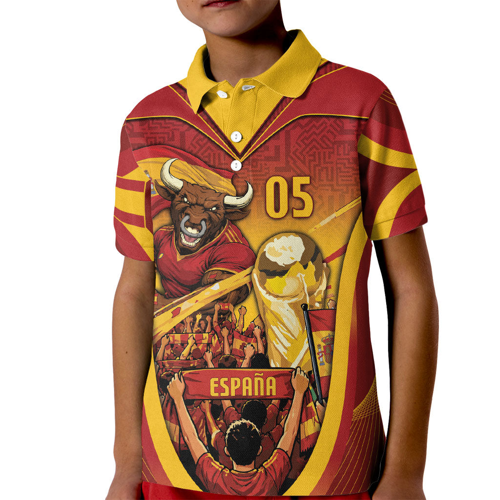 Custom Spain Football Kid Polo Shirt Raging Bull Golden Trophy Fans Banner