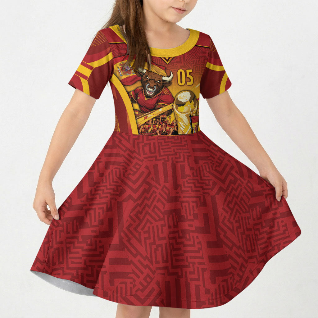 Custom Spain Football Kid Short Sleeve Dress Raging Bull Golden Trophy Fans Banner