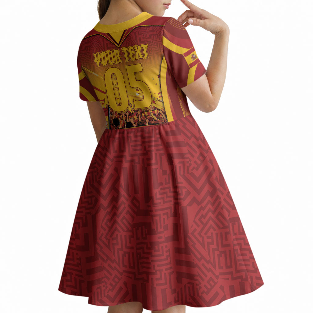 Custom Spain Football Kid Short Sleeve Dress Raging Bull Golden Trophy Fans Banner