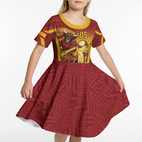 Custom Spain Football Kid Short Sleeve Dress Raging Bull Golden Trophy Fans Banner