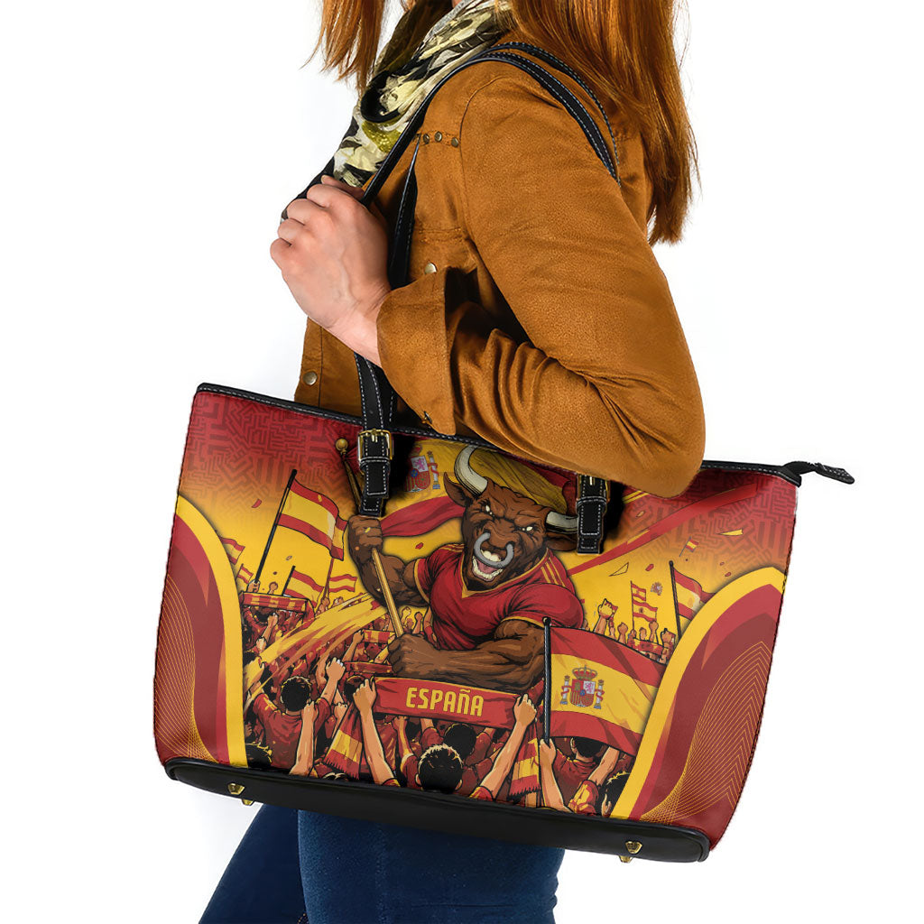 Spain Football Leather Tote Bag Raging Bull Golden Trophy Fans Banner