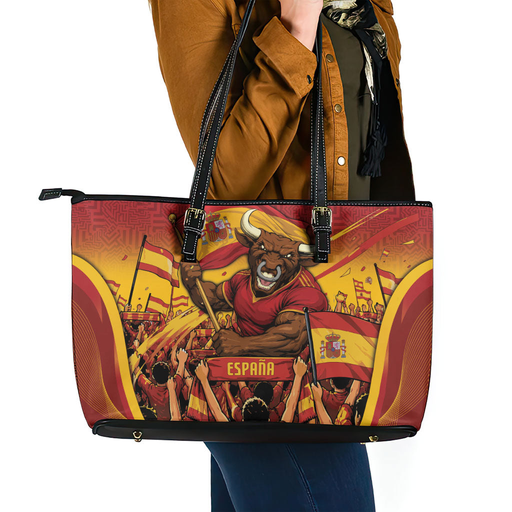 Spain Football Leather Tote Bag Raging Bull Golden Trophy Fans Banner