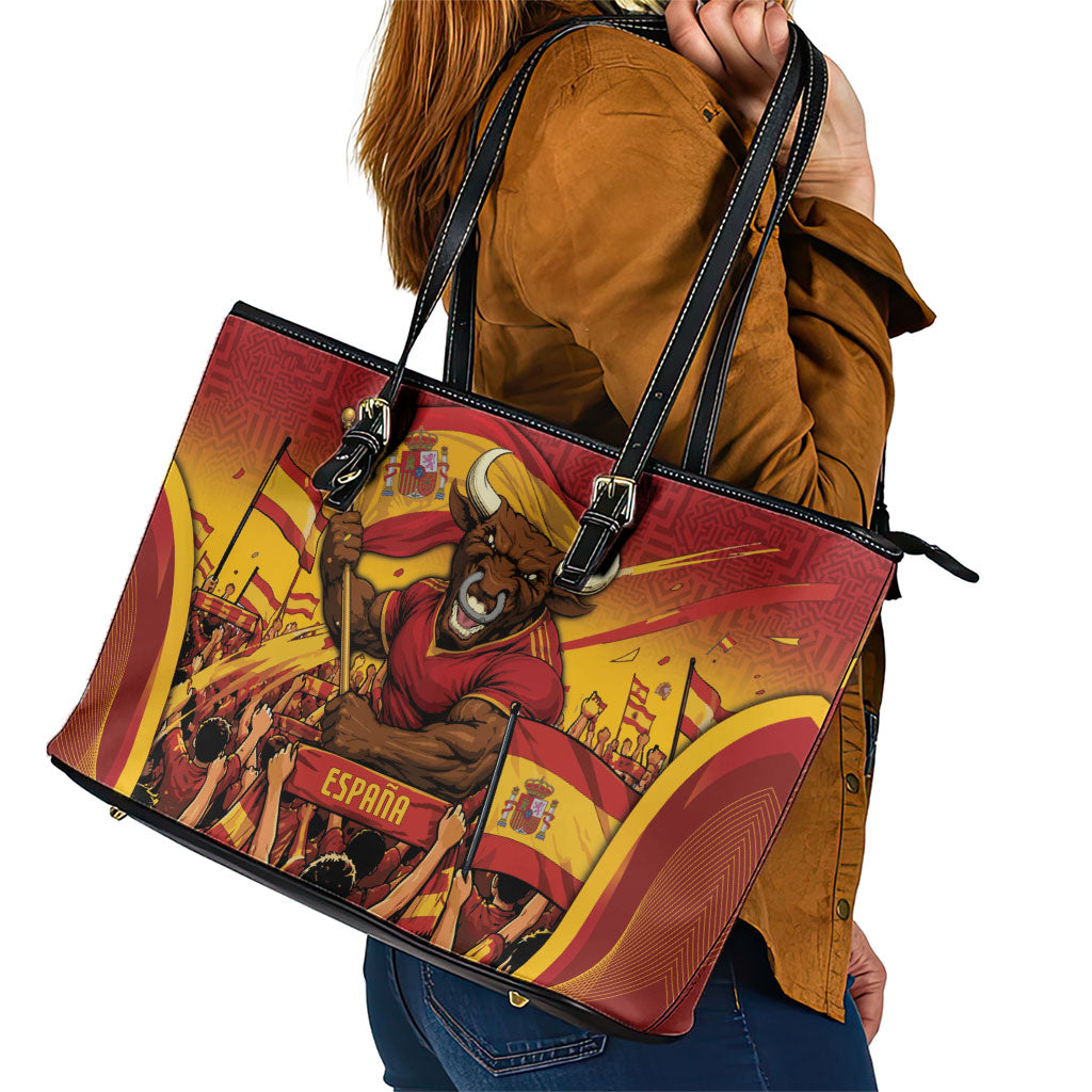Spain Football Leather Tote Bag Raging Bull Golden Trophy Fans Banner