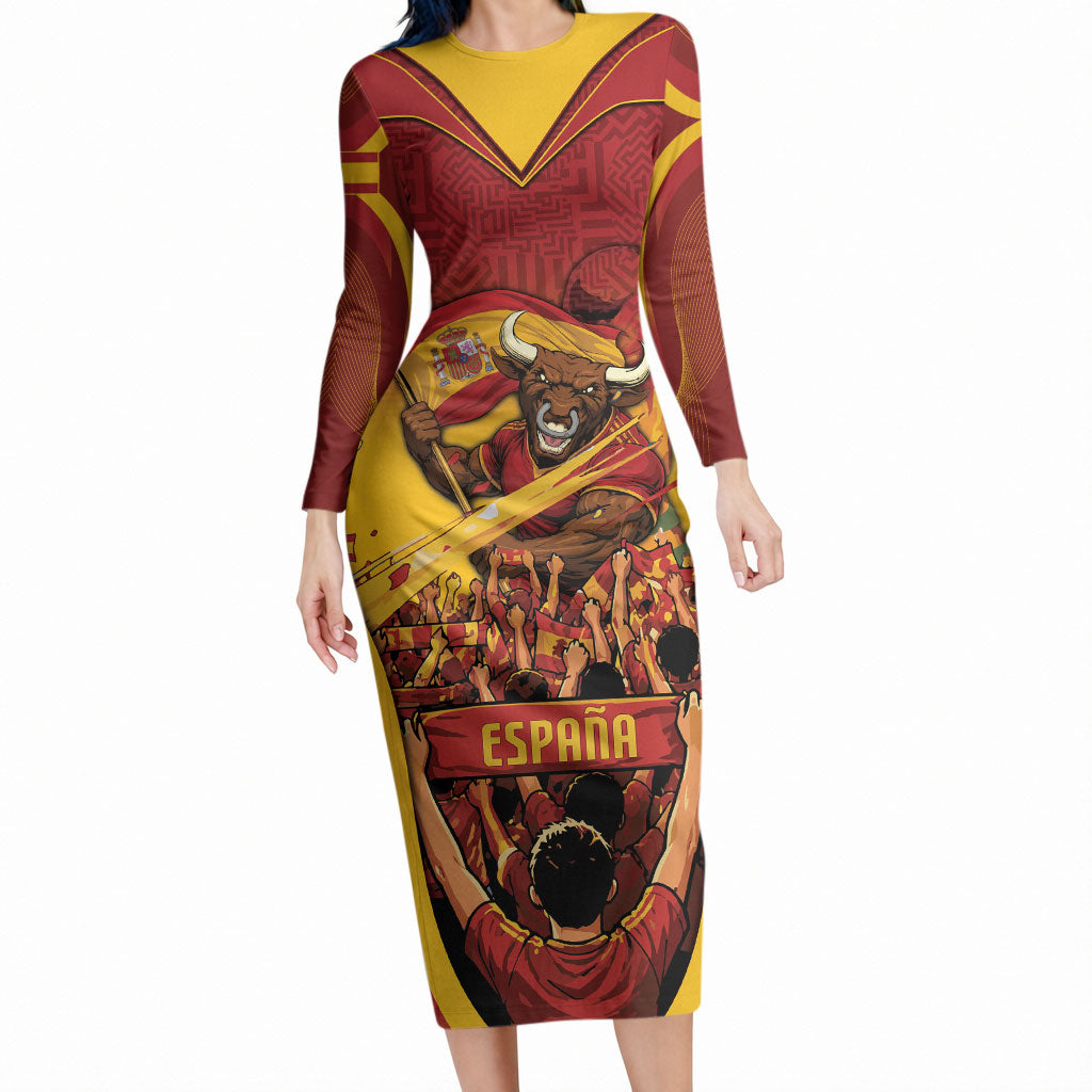 Custom Spain Football Long Sleeve Bodycon Dress Raging Bull Golden Trophy Fans Banner