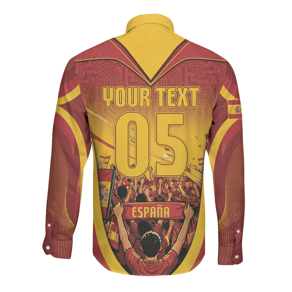 Custom Spain Football Long Sleeve Button Shirt Raging Bull Golden Trophy Fans Banner