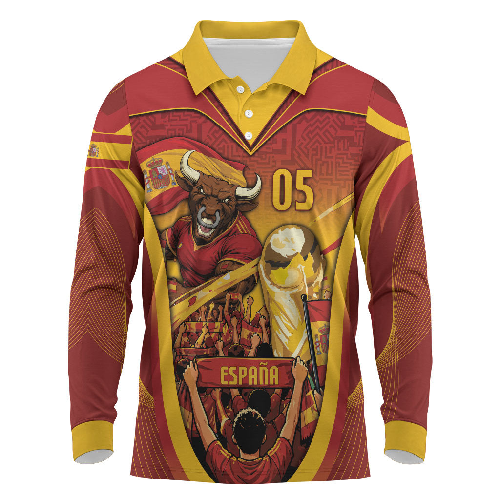 Custom Spain Football Long Sleeve Polo Shirt Raging Bull Golden Trophy Fans Banner