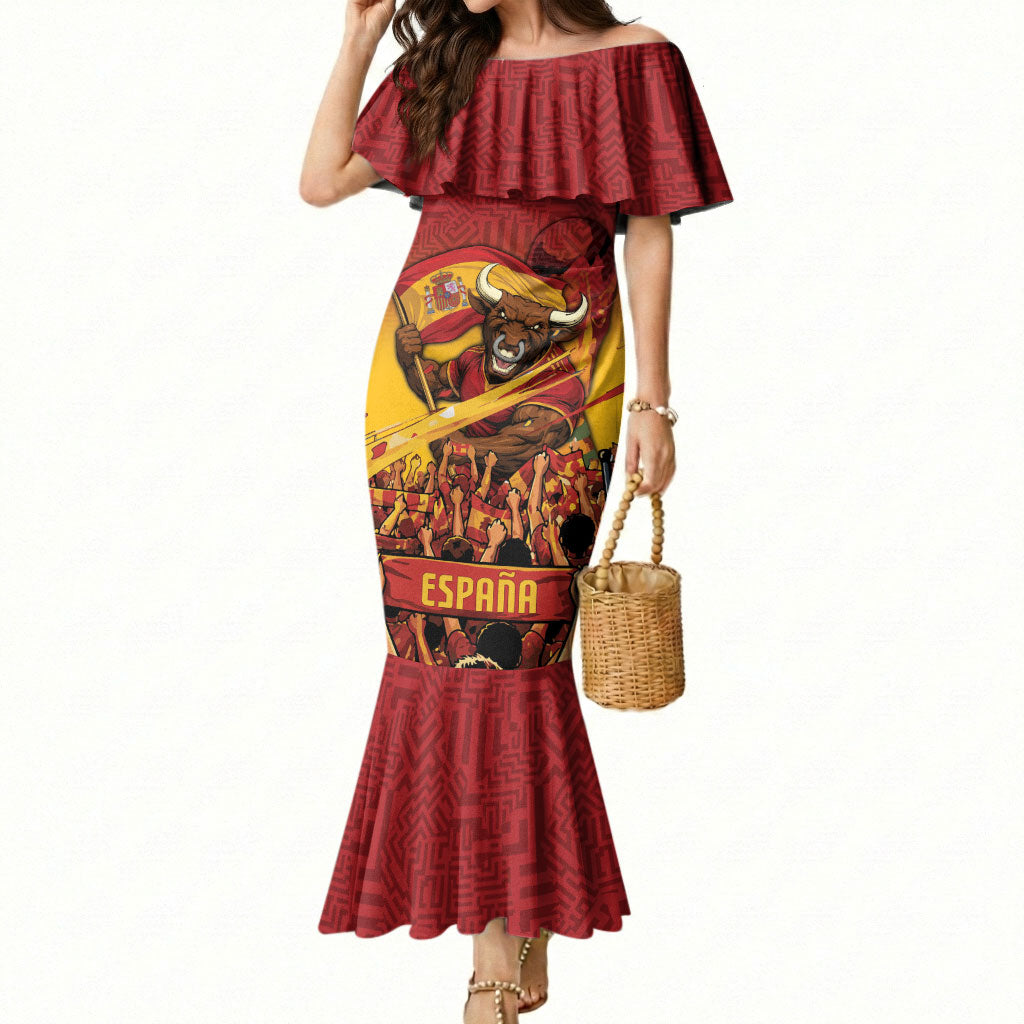 Custom Spain Football Mermaid Dress Raging Bull Golden Trophy Fans Banner