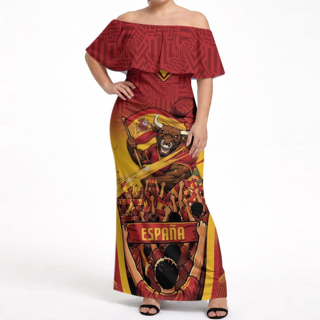 Custom Spain Football Off Shoulder Maxi Dress Raging Bull Golden Trophy Fans Banner