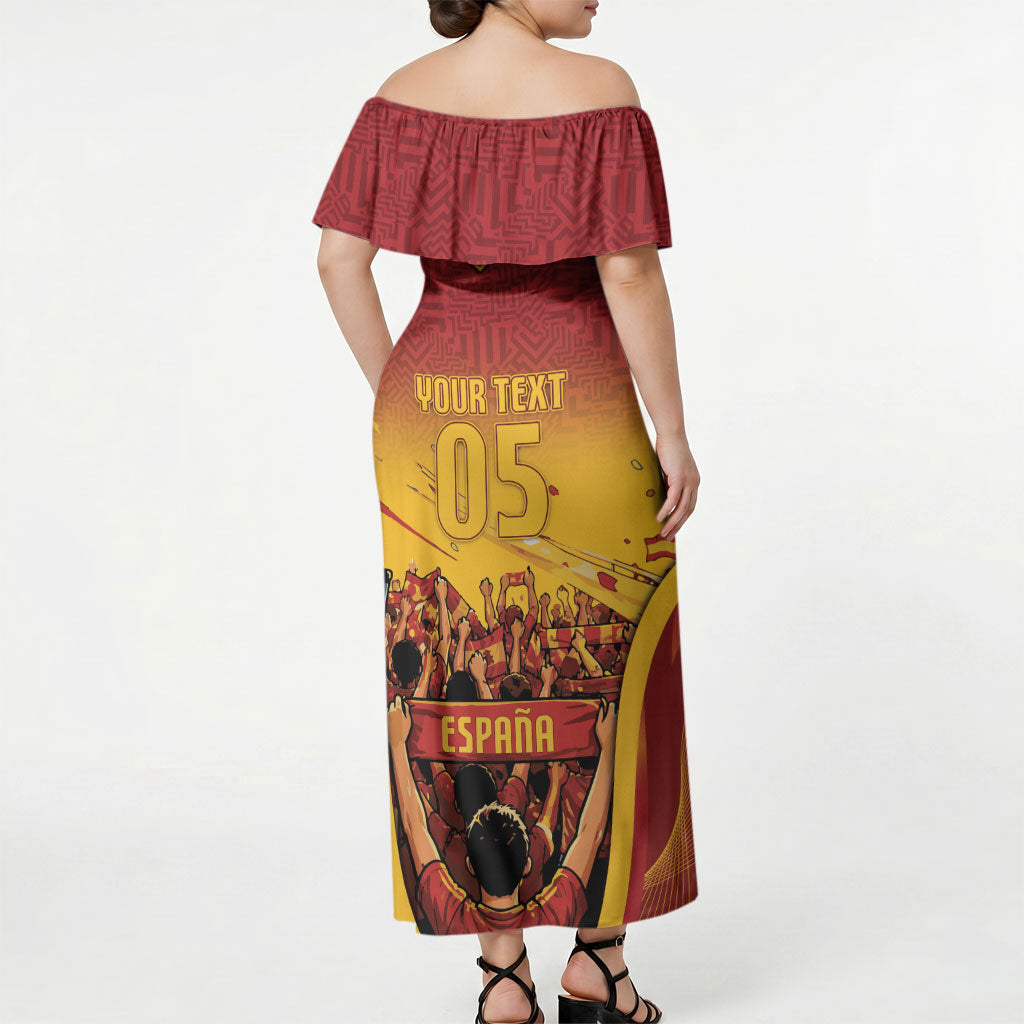 Custom Spain Football Off Shoulder Maxi Dress Raging Bull Golden Trophy Fans Banner