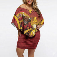 Custom Spain Football Off Shoulder Short Dress Raging Bull Golden Trophy Fans Banner