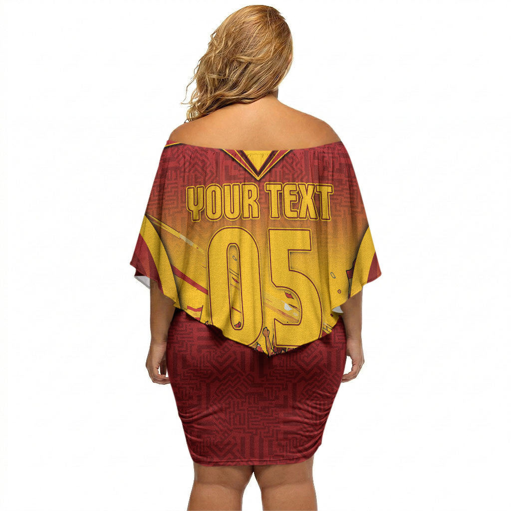 Custom Spain Football Off Shoulder Short Dress Raging Bull Golden Trophy Fans Banner