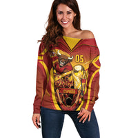 Custom Spain Football Off Shoulder Sweater Raging Bull Golden Trophy Fans Banner