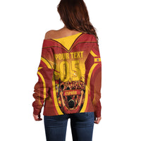 Custom Spain Football Off Shoulder Sweater Raging Bull Golden Trophy Fans Banner