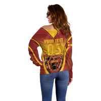 Custom Spain Football Off Shoulder Sweater Raging Bull Golden Trophy Fans Banner