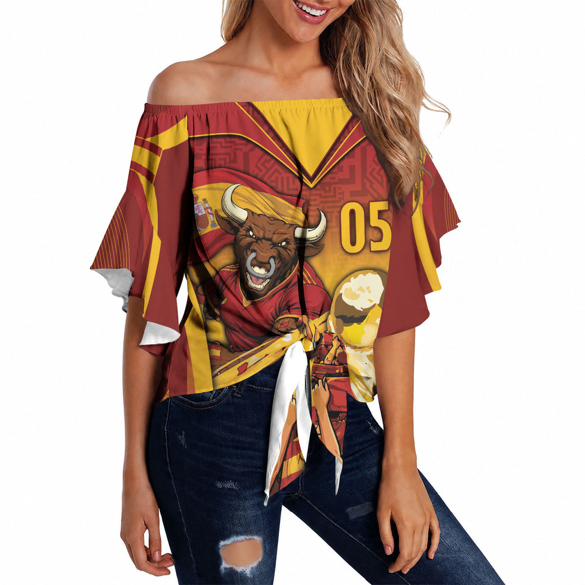 Custom Spain Football Off Shoulder Wrap Waist Top Raging Bull Golden Trophy Fans Banner