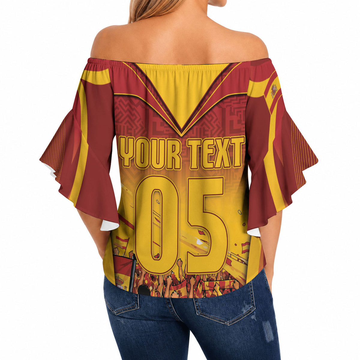 Custom Spain Football Off Shoulder Wrap Waist Top Raging Bull Golden Trophy Fans Banner