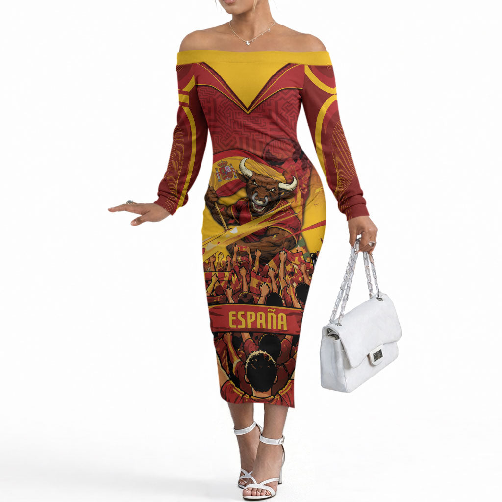 Custom Spain Football Off The Shoulder Long Sleeve Dress Raging Bull Golden Trophy Fans Banner