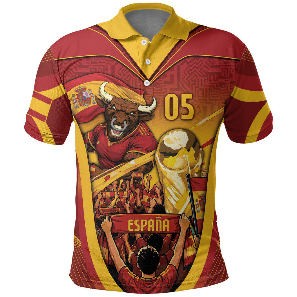 Custom Spain Football Polo Shirt Raging Bull Golden Trophy Fans Banner