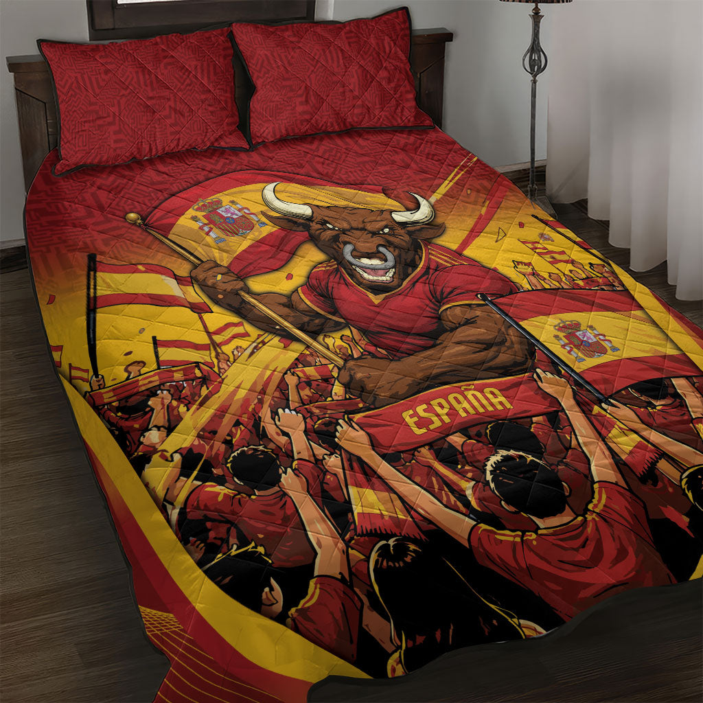 Spain Football Quilt Bed Set Raging Bull Golden Trophy Fans Banner