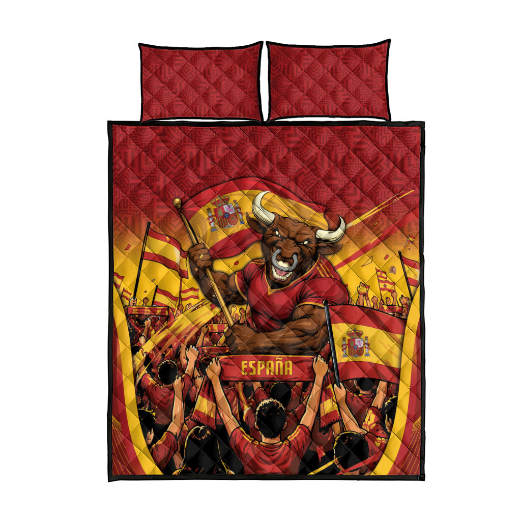 Spain Football Quilt Bed Set Raging Bull Golden Trophy Fans Banner