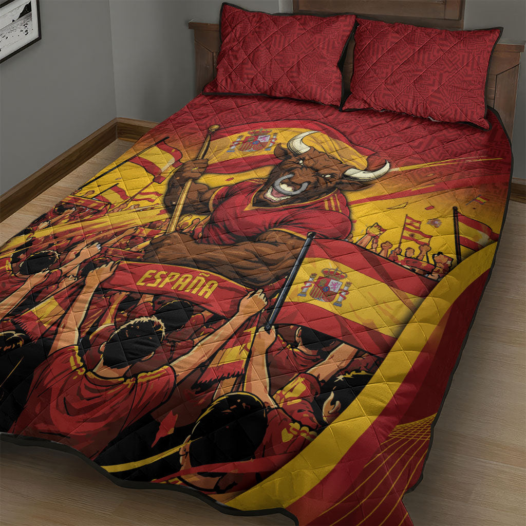 Spain Football Quilt Bed Set Raging Bull Golden Trophy Fans Banner
