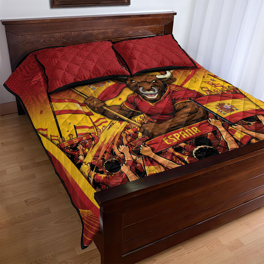 Spain Football Quilt Bed Set Raging Bull Golden Trophy Fans Banner