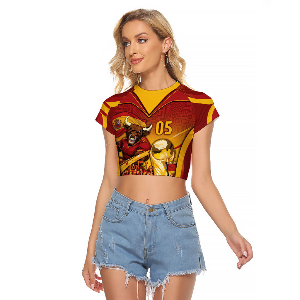 Custom Spain Football Raglan Cropped T Shirt Raging Bull Golden Trophy Fans Banner