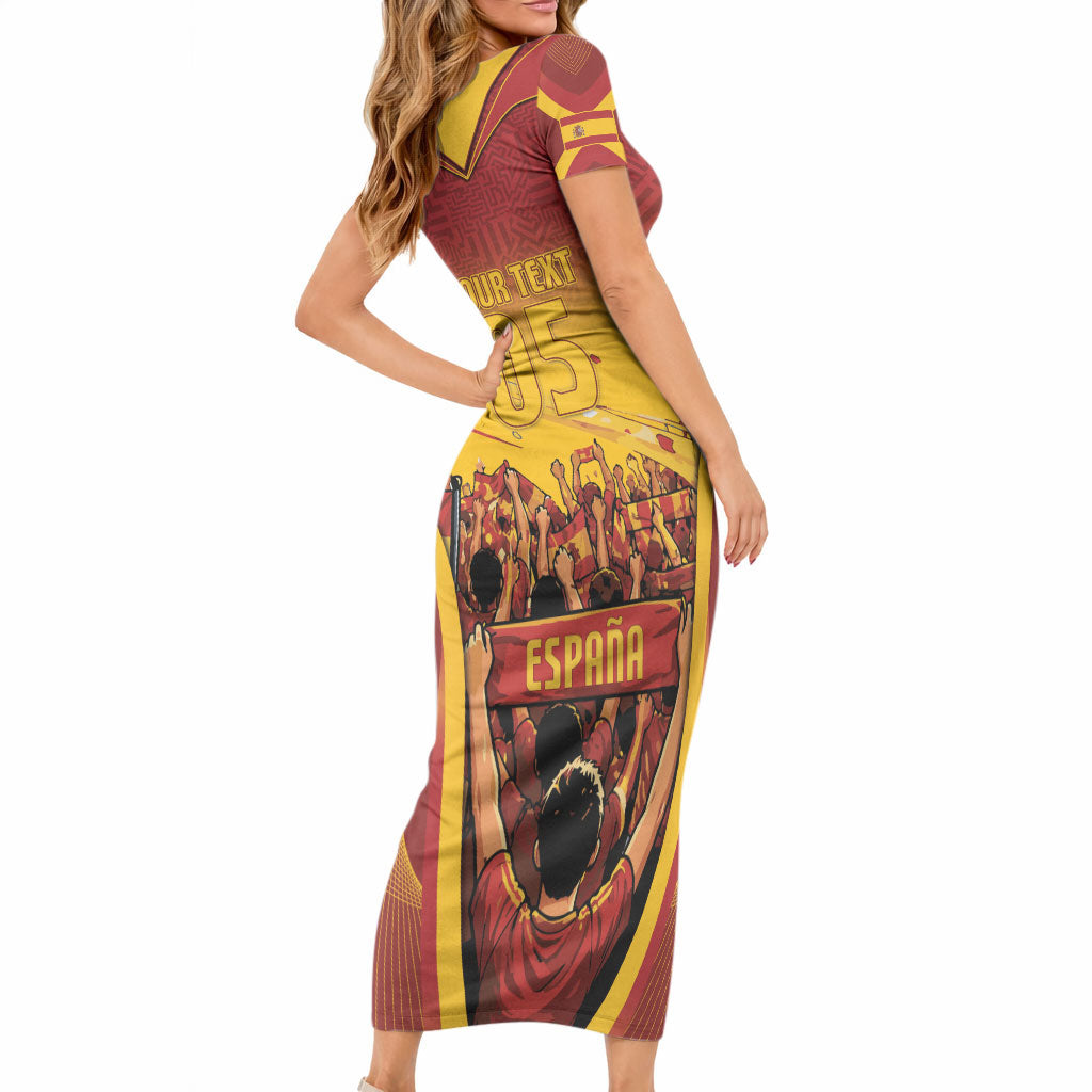 Custom Spain Football Short Sleeve Bodycon Dress Raging Bull Golden Trophy Fans Banner