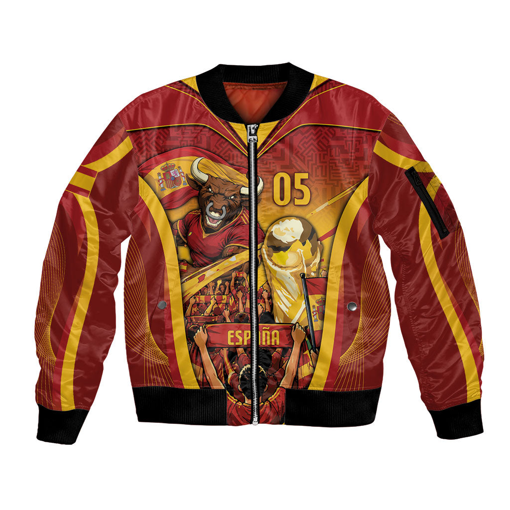 Custom Spain Football Sleeve Zip Bomber Jacket Raging Bull Golden Trophy Fans Banner
