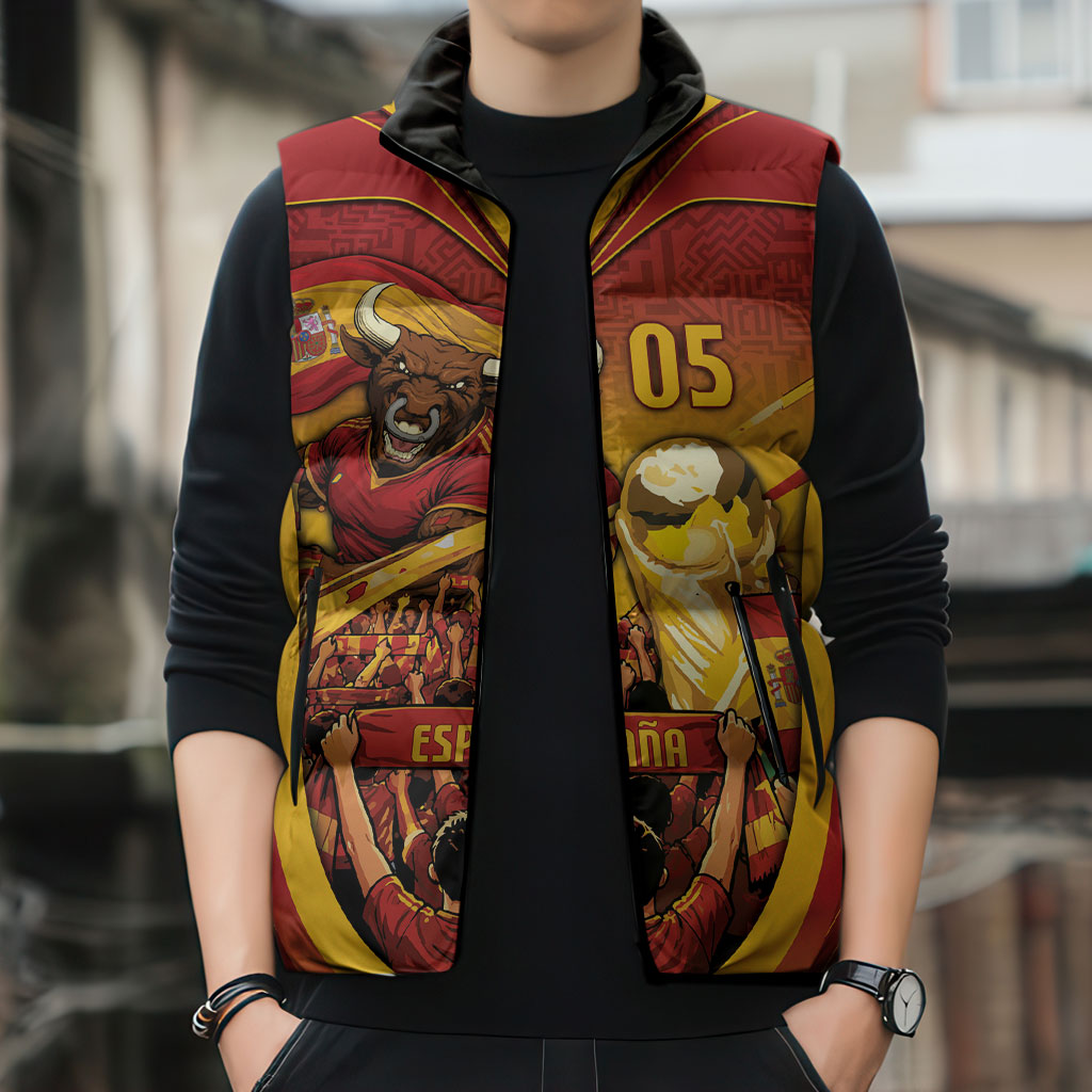 Custom Spain Football Sleeveless Puffer Jacket Raging Bull Golden Trophy Fans Banner