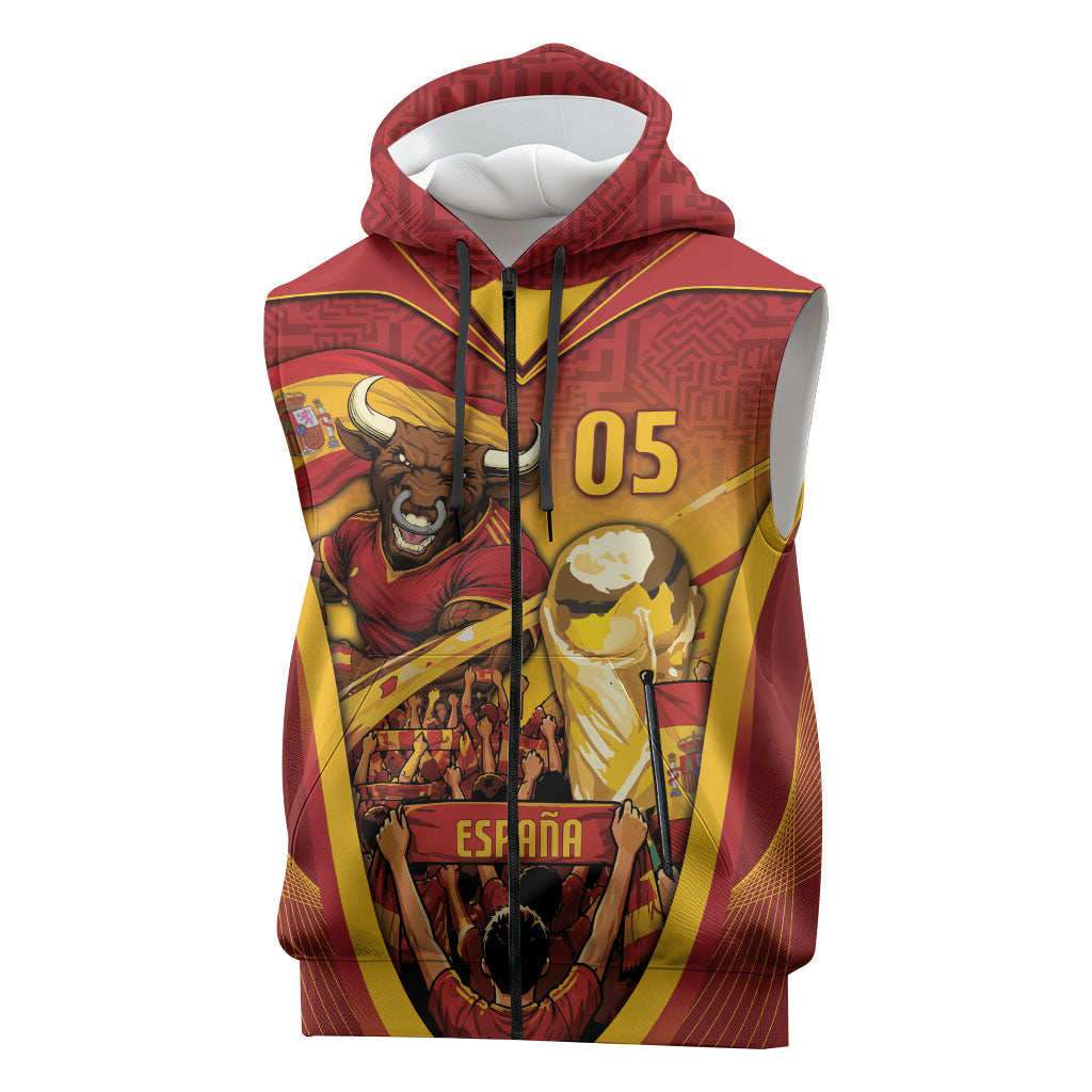 Custom Spain Football Sleeveless Zip Hoodie Raging Bull Golden Trophy Fans Banner