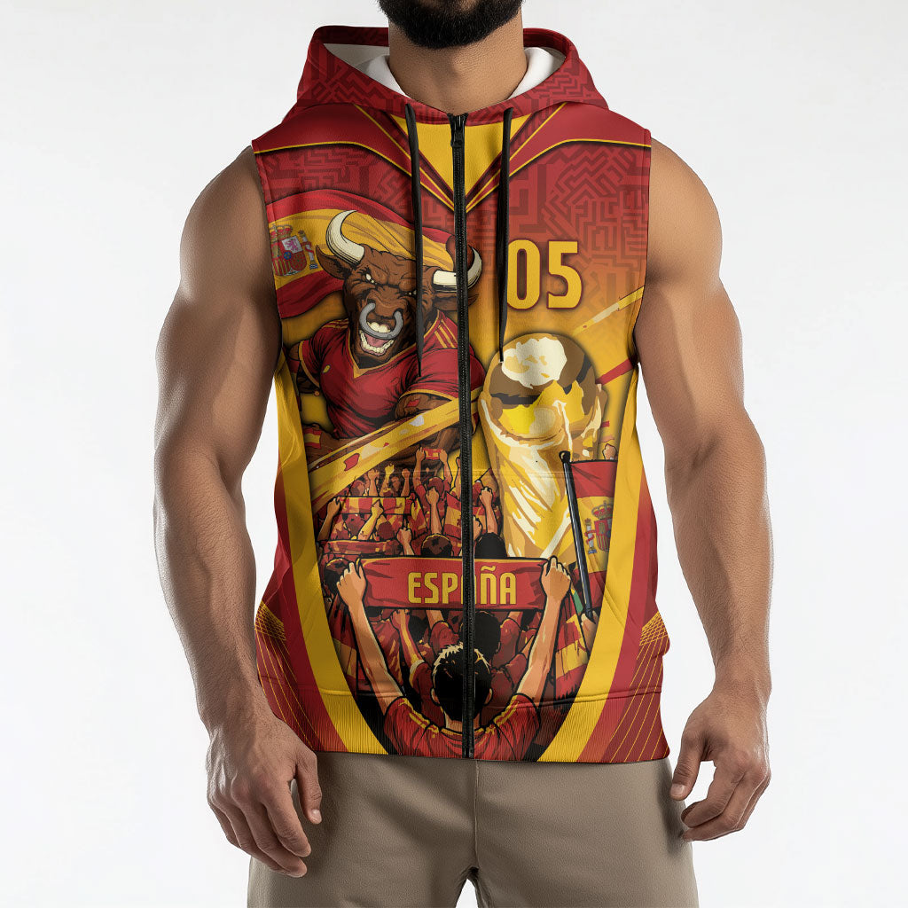 Custom Spain Football Sleeveless Zip Hoodie Raging Bull Golden Trophy Fans Banner
