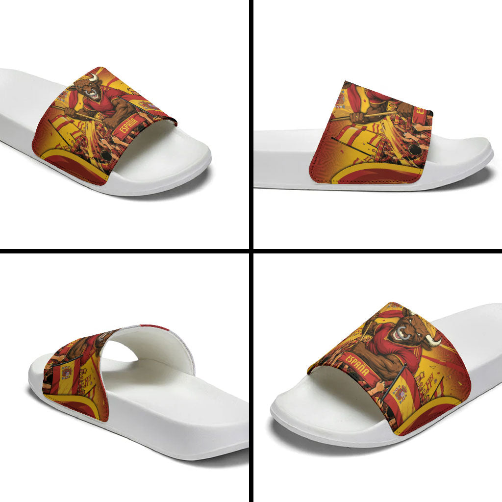 Spain Football Slide Sandals Raging Bull Golden Trophy Fans Banner