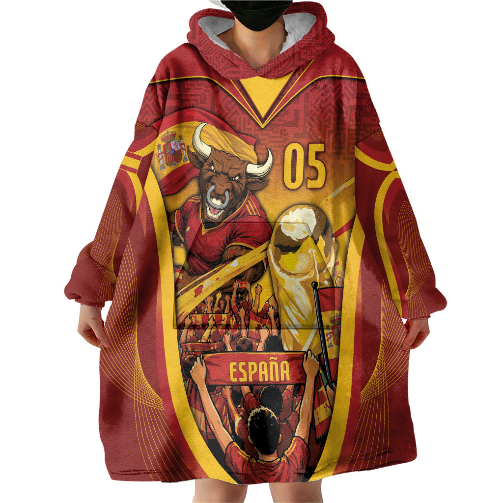 Custom Spain Football Wearable Blanket Hoodie Raging Bull Golden Trophy Fans Banner