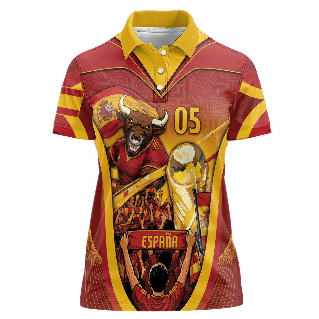 Custom Spain Football Women Polo Shirt Raging Bull Golden Trophy Fans Banner
