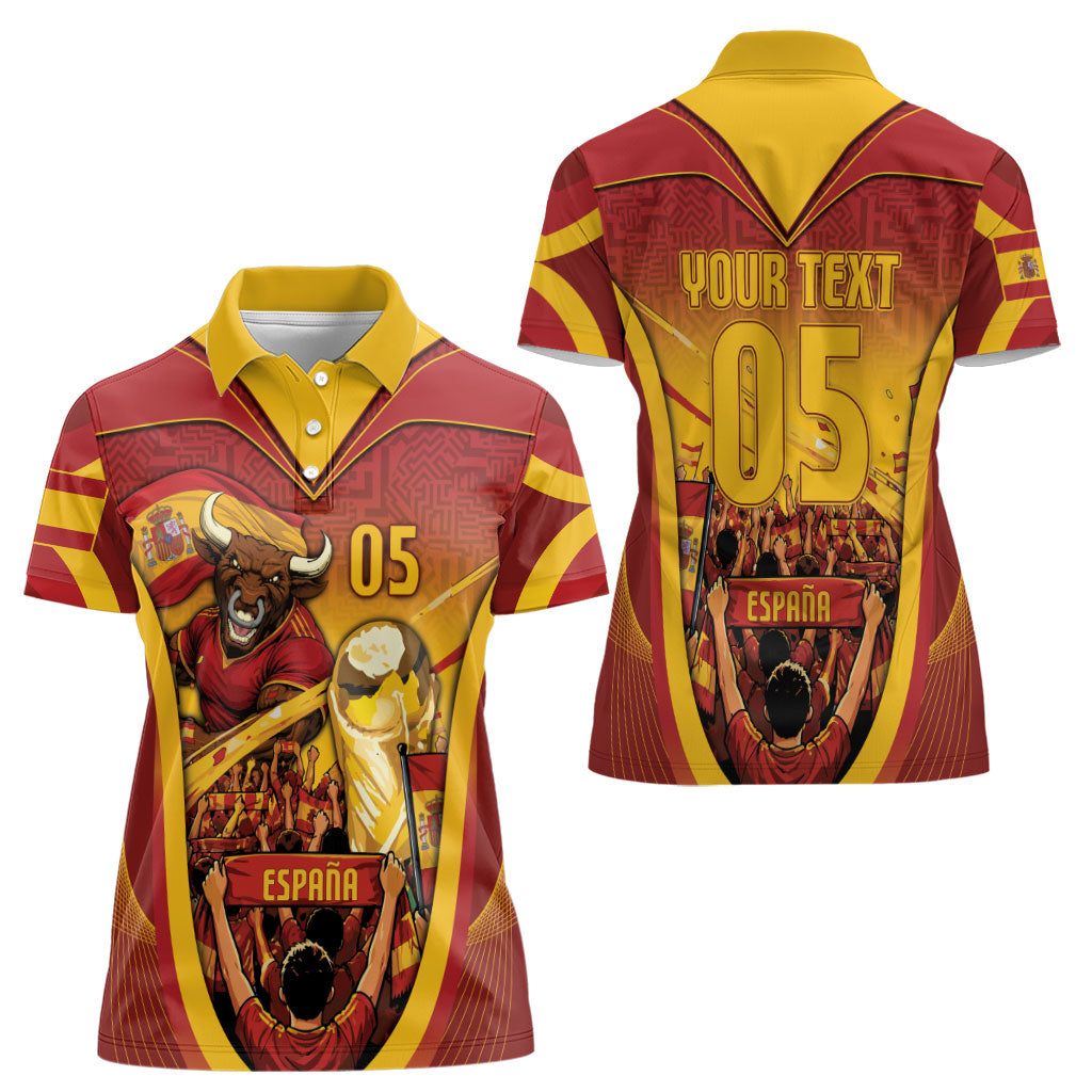 Custom Spain Football Women Polo Shirt Raging Bull Golden Trophy Fans Banner