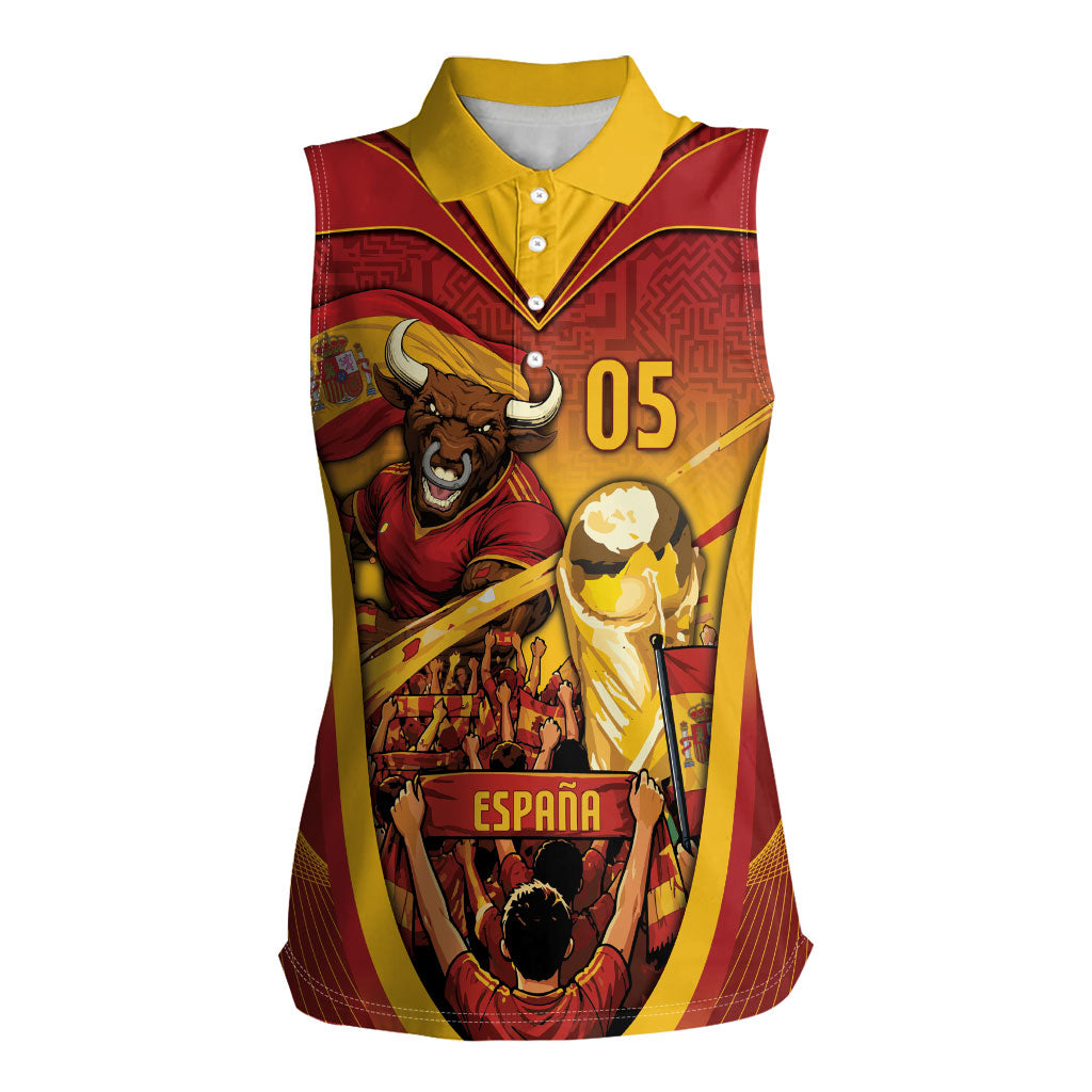 Custom Spain Football Women Sleeveless Polo Shirt Raging Bull Golden Trophy Fans Banner
