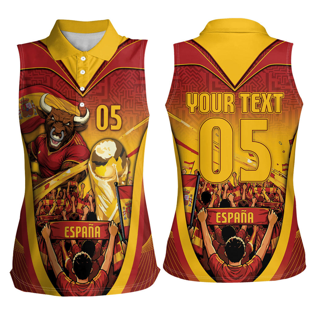Custom Spain Football Women Sleeveless Polo Shirt Raging Bull Golden Trophy Fans Banner