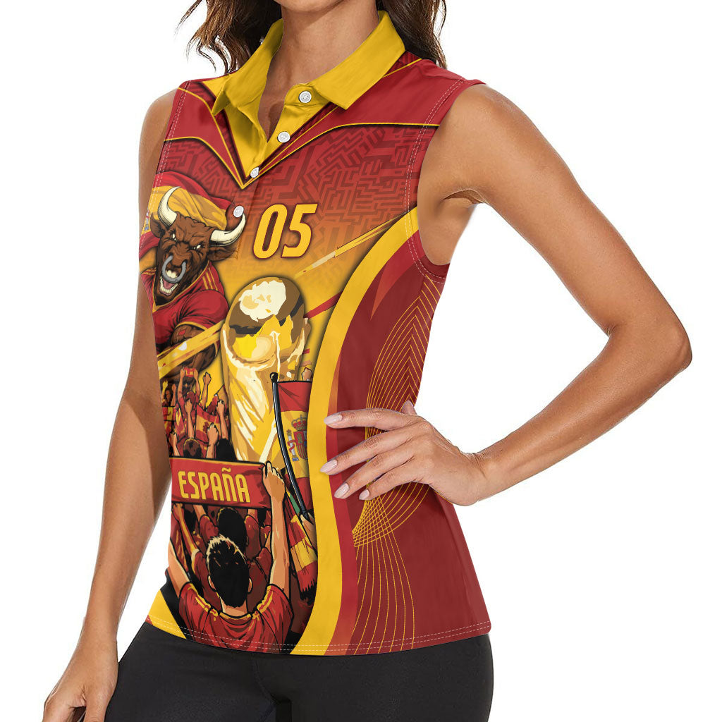 Custom Spain Football Women Sleeveless Polo Shirt Raging Bull Golden Trophy Fans Banner