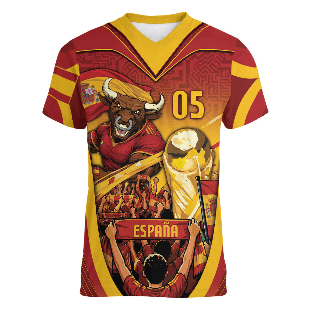 Custom Spain Football Women V-Neck T-Shirt Raging Bull Golden Trophy Fans Banner