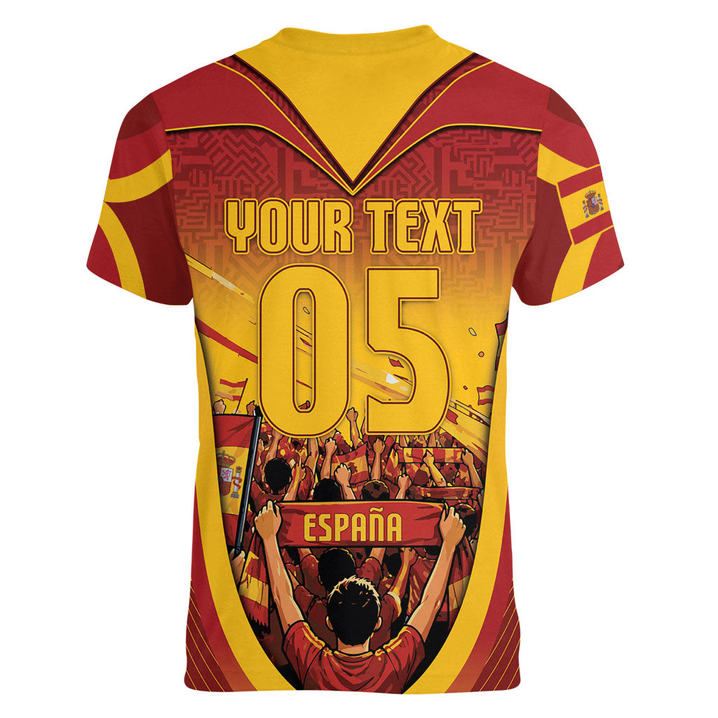 Custom Spain Football Women V-Neck T-Shirt Raging Bull Golden Trophy Fans Banner
