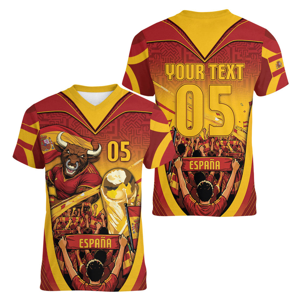 Custom Spain Football Women V-Neck T-Shirt Raging Bull Golden Trophy Fans Banner