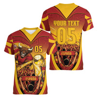 Custom Spain Football Women V-Neck T-Shirt Raging Bull Golden Trophy Fans Banner